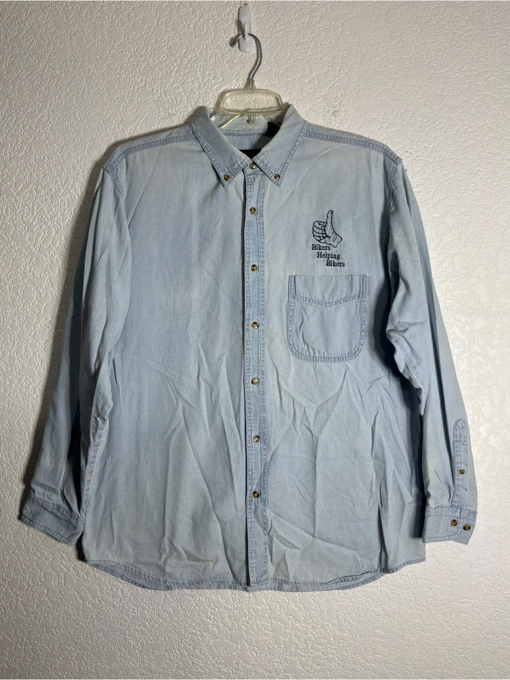 Bikers Helping Bikers Light Blue Denim Button-Down Shirt with Chest Pocket Large